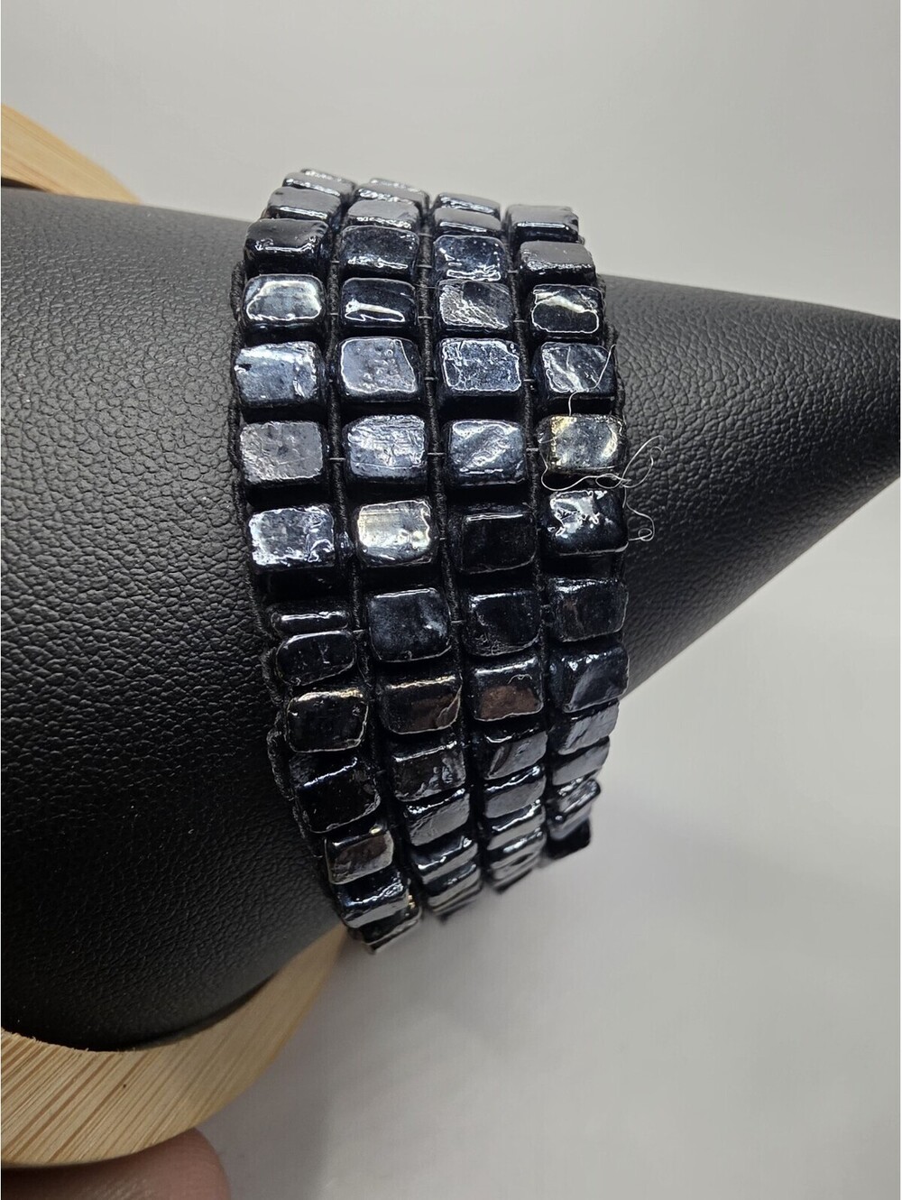 Natural Black Spinel Square Bead Macrame Wrap Bracelet